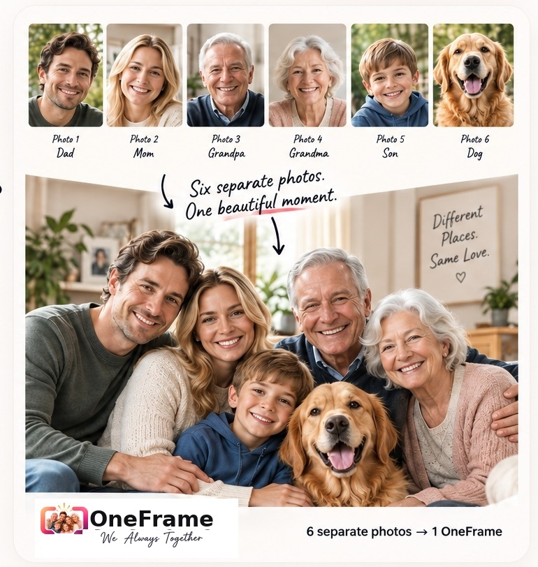 Six separate family and pet photos combined into one natural family portrait