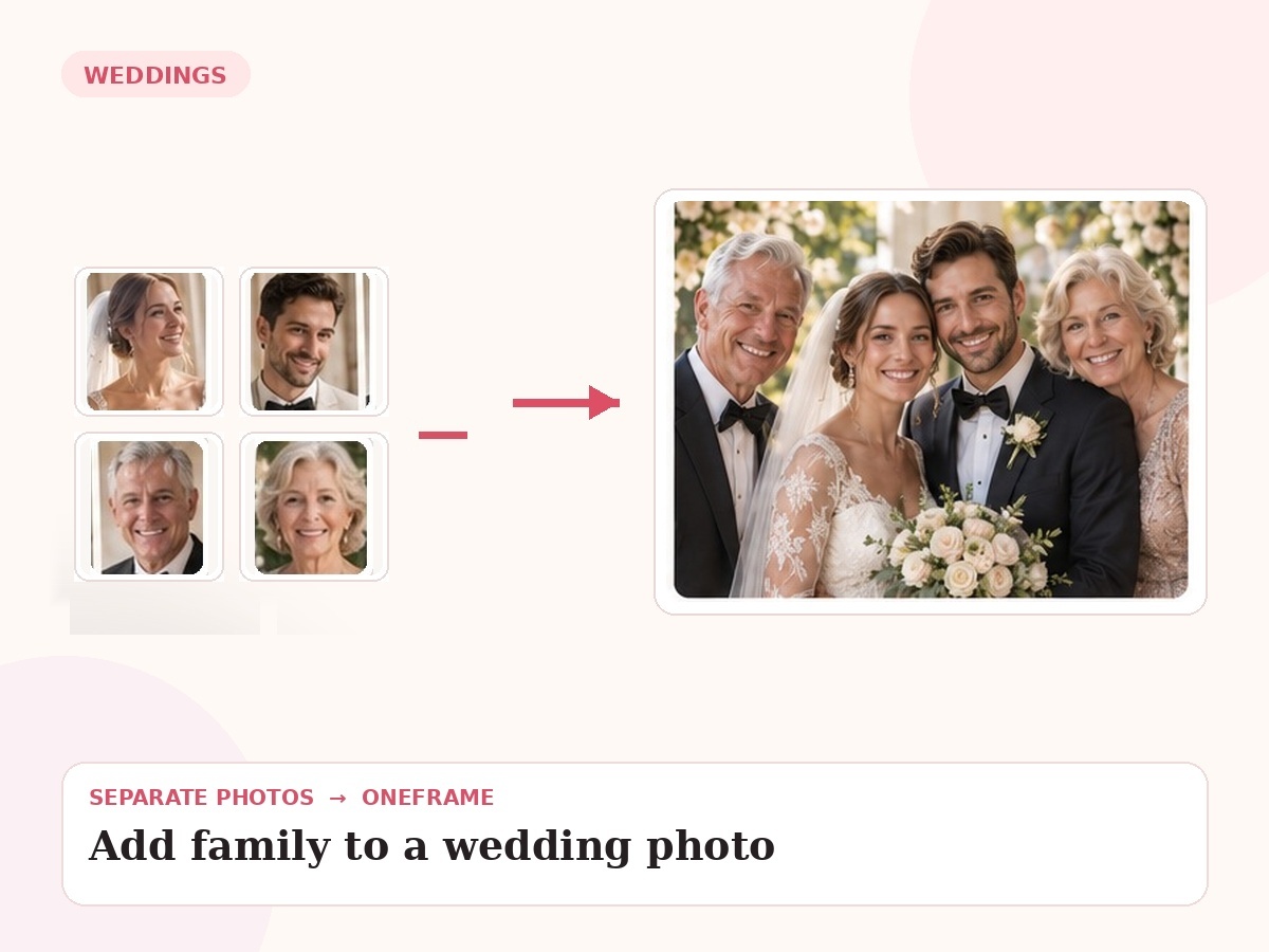 add family member to wedding photo — unrelated source photos combined into one final portrait