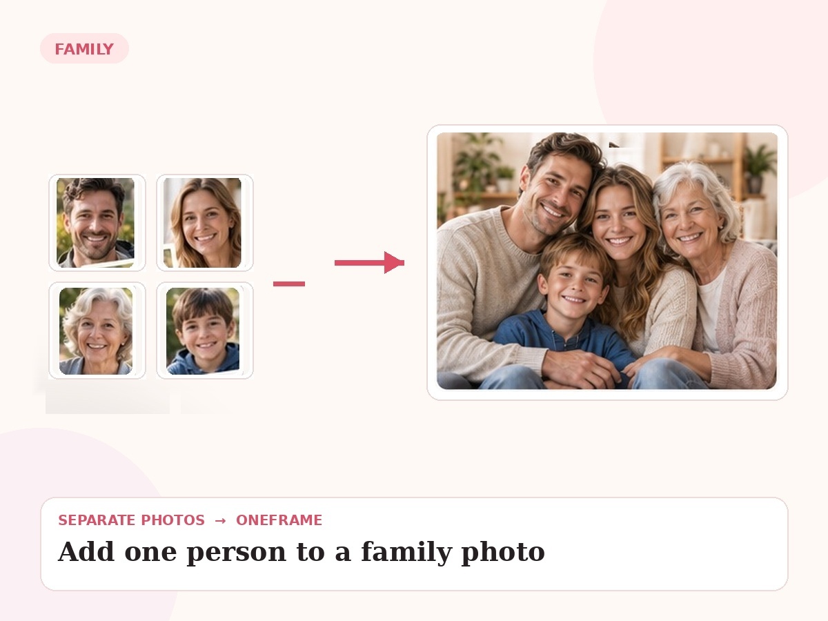 add person to family photo — unrelated source photos combined into one final portrait