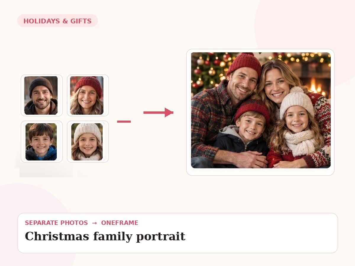 christmas family photo ai — unrelated source photos combined into one final portrait