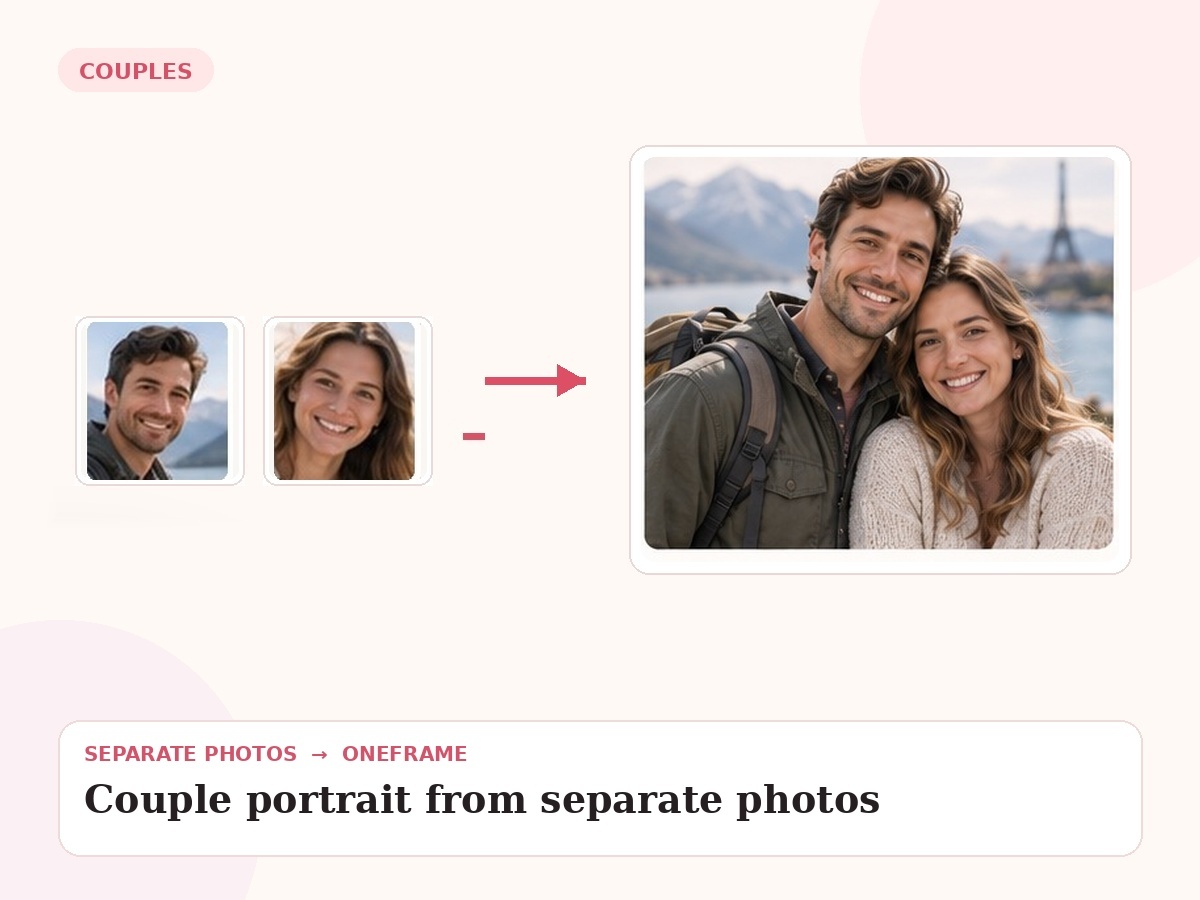 couple photo from separate photos — unrelated source photos combined into one final portrait