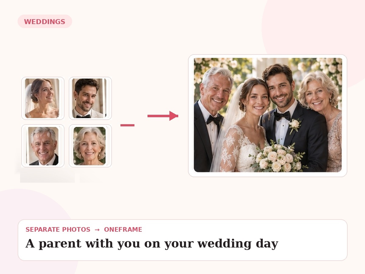 deceased parent wedding photo — unrelated source photos combined into one final portrait