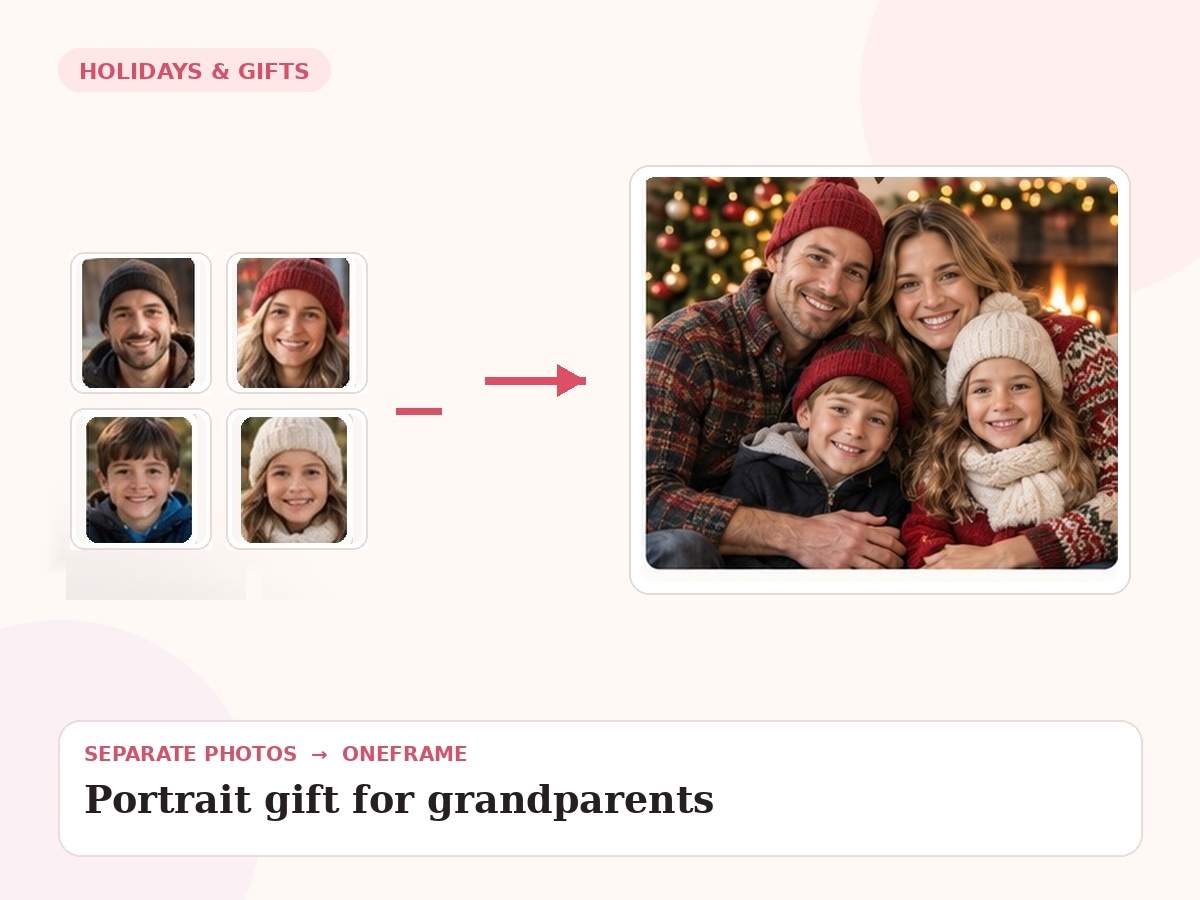 family portrait gift for grandparents — unrelated source photos combined into one final portrait