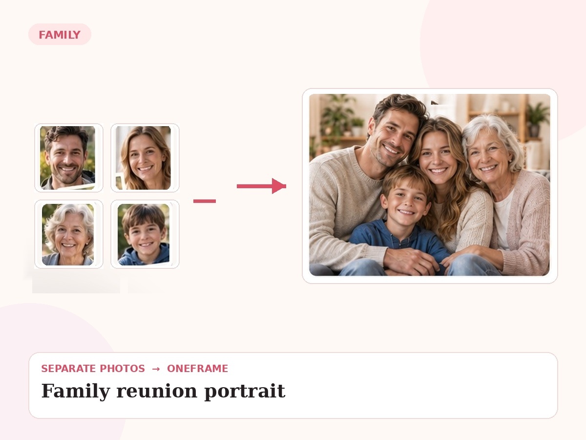 family reunion portrait — unrelated source photos combined into one final portrait