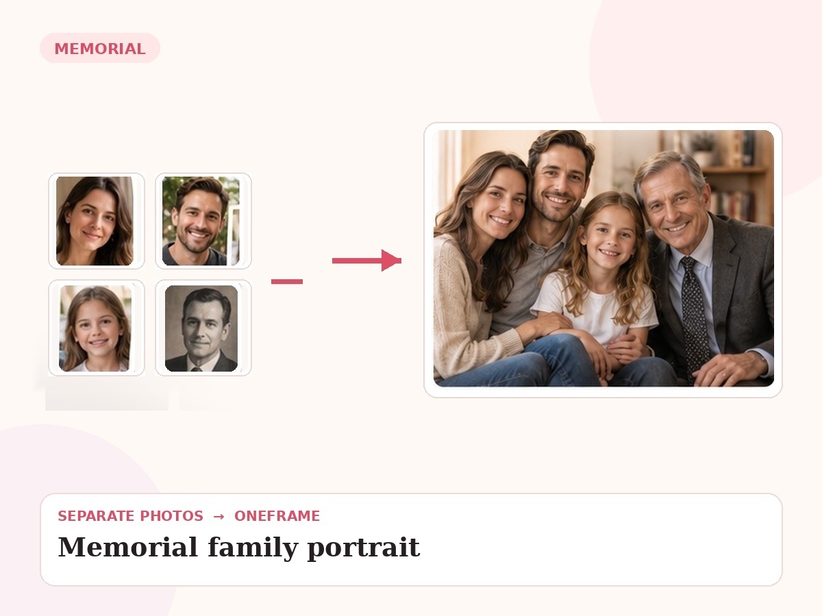 memorial family portrait — unrelated source photos combined into one final portrait