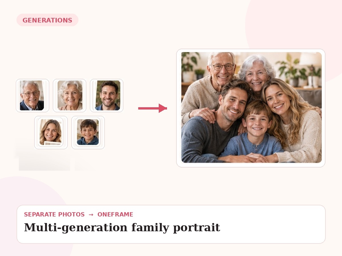 multi generation family portrait — unrelated source photos combined into one final portrait