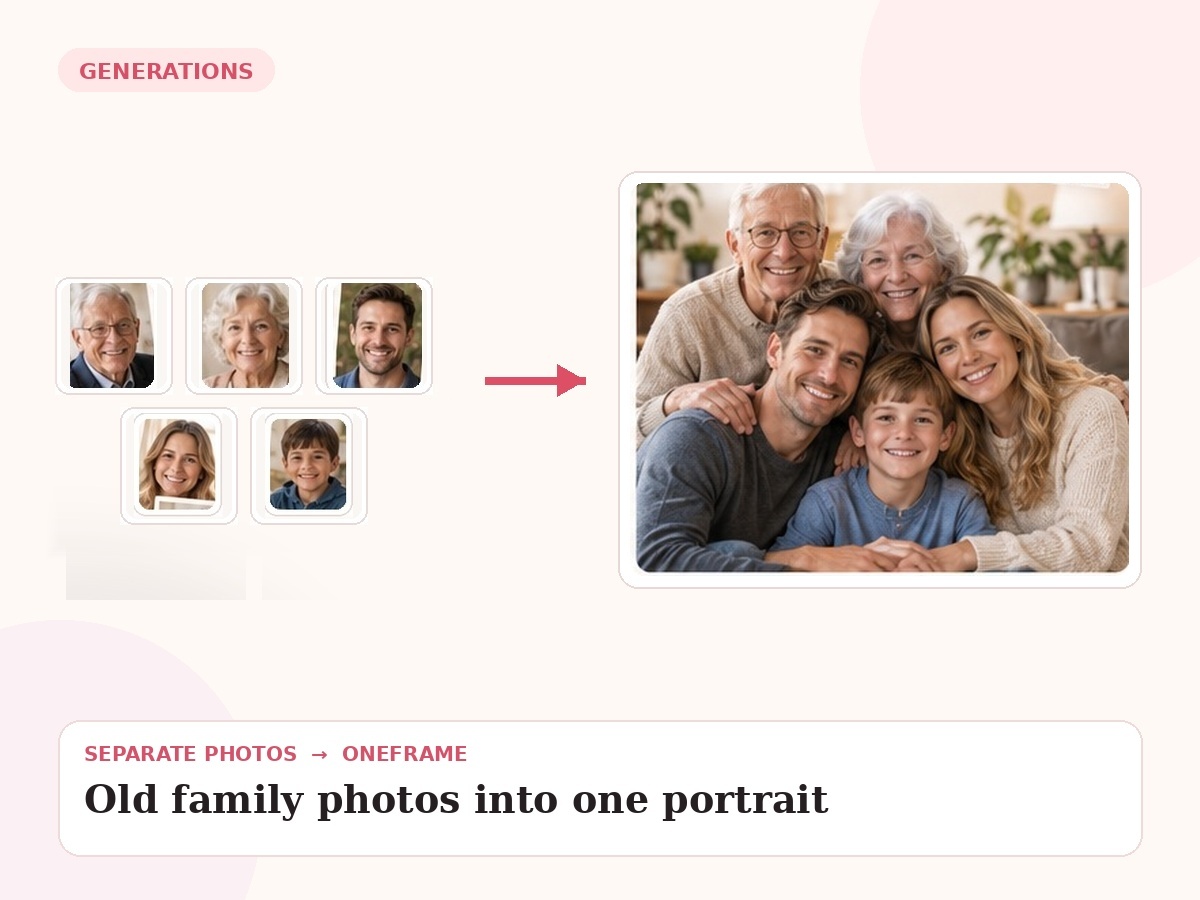 combine old family photos into one portrait — unrelated source photos combined into one final portrait