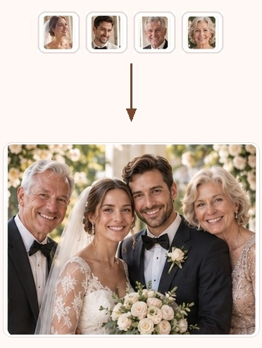 Weddings: multiple separate photos combined into one final portrait